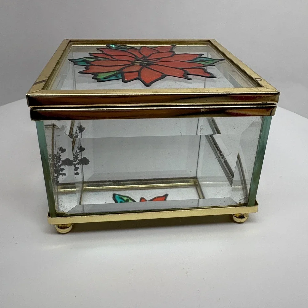 Vtg Glass Jewelry Box Poinsettia Stained Glass Hinged Keepsake Trinket Organizer